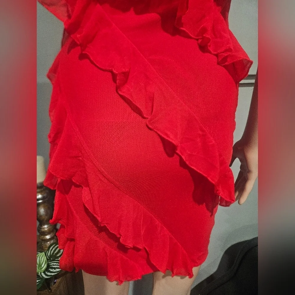 Strapless Red Ruffle Cocktail Mini Dress – Stretch Mesh Bodycon